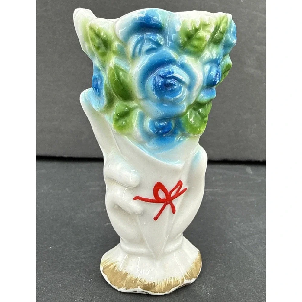 Vintage‎ 1940's Blue Rose Hand Bud vase Match Stick Holder Japan 3